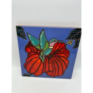 Hand Painted Art Tile Trivet Hummingbird and Hibiscus Flower Pacific Blue Tile
